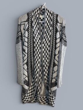 My Michelle Black White Abstract Open Front Cardigan Sz M